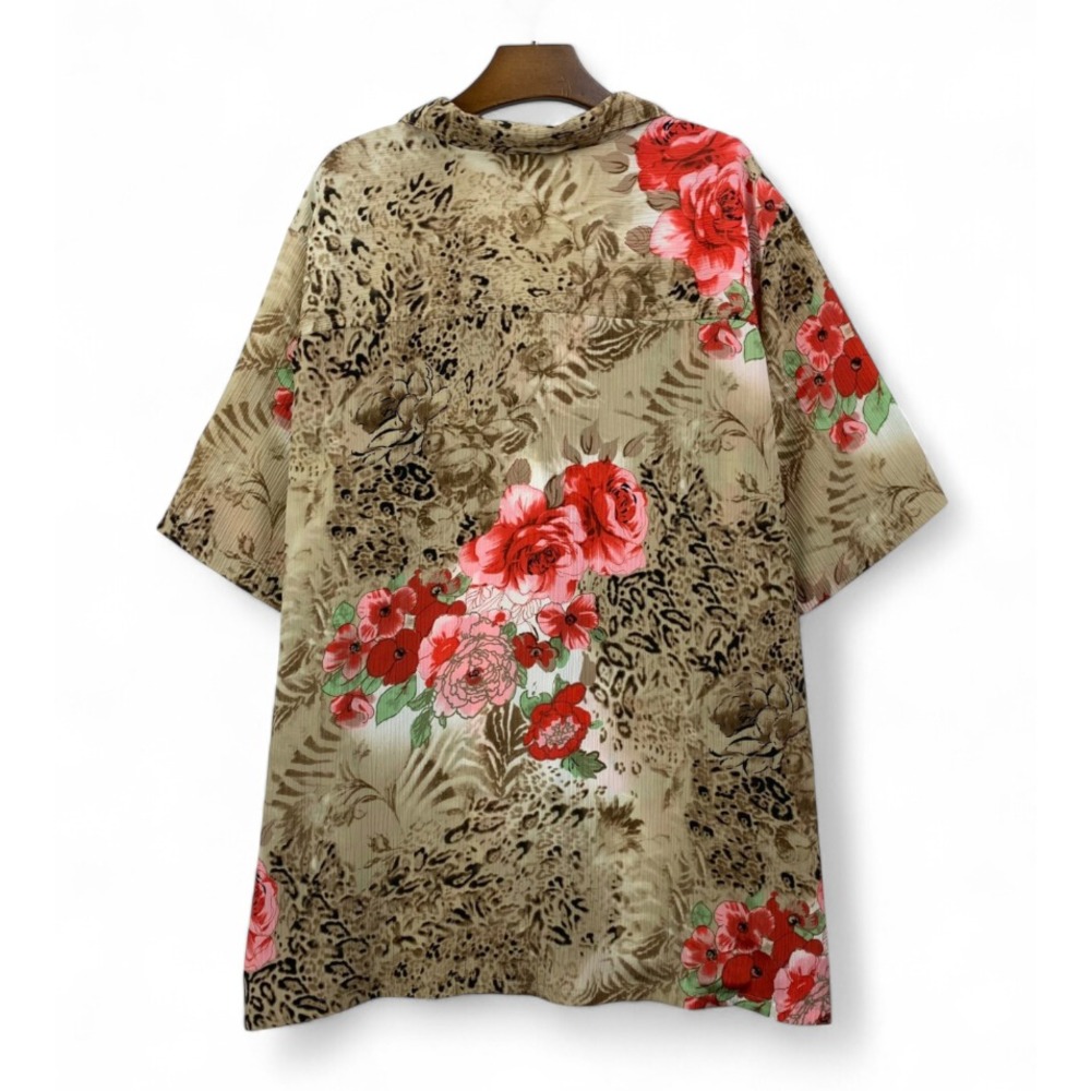 VTG DonnKenny SILKY BUTTON-UP SHIRT TOP Leopard & Pink/Red Roses Grannycore XL-P - Picture 3 of 4